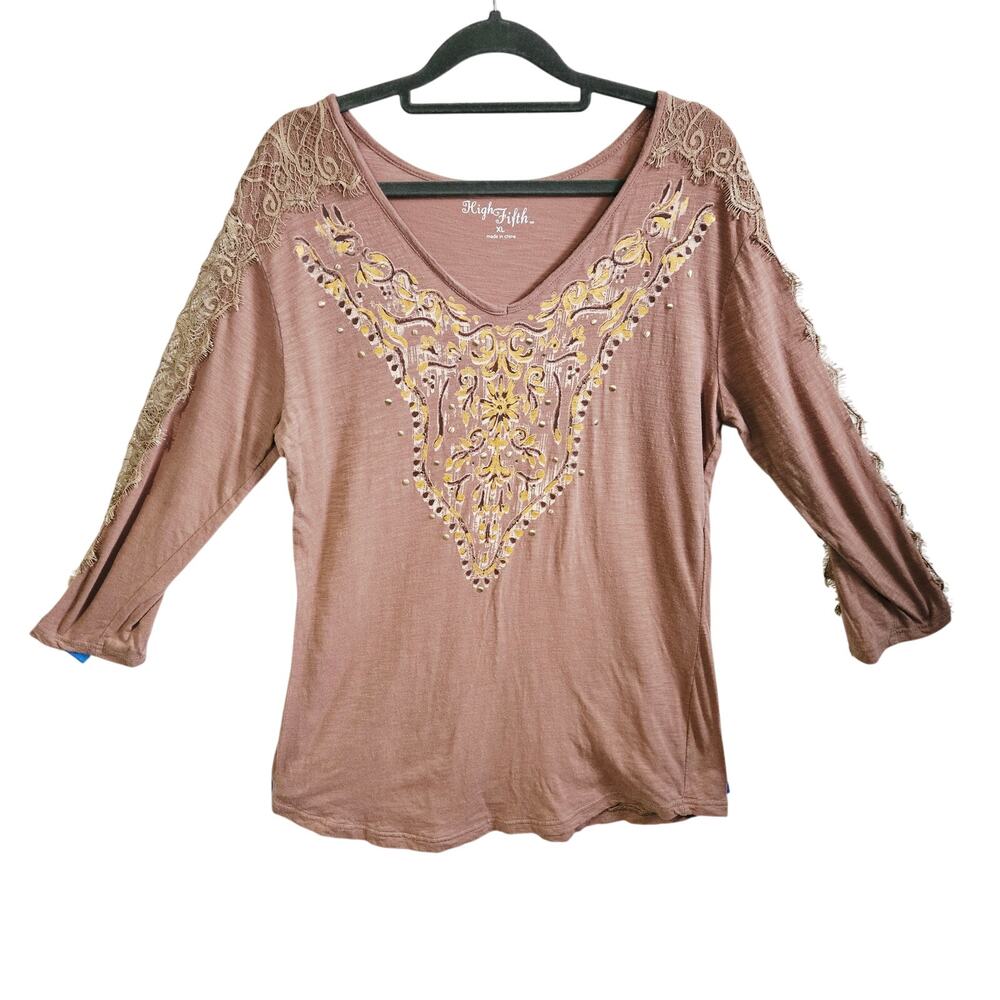 High Fifth Women's XL Long Sleeve Top Boho Lace Trim Brown Earthy Hippie Mature